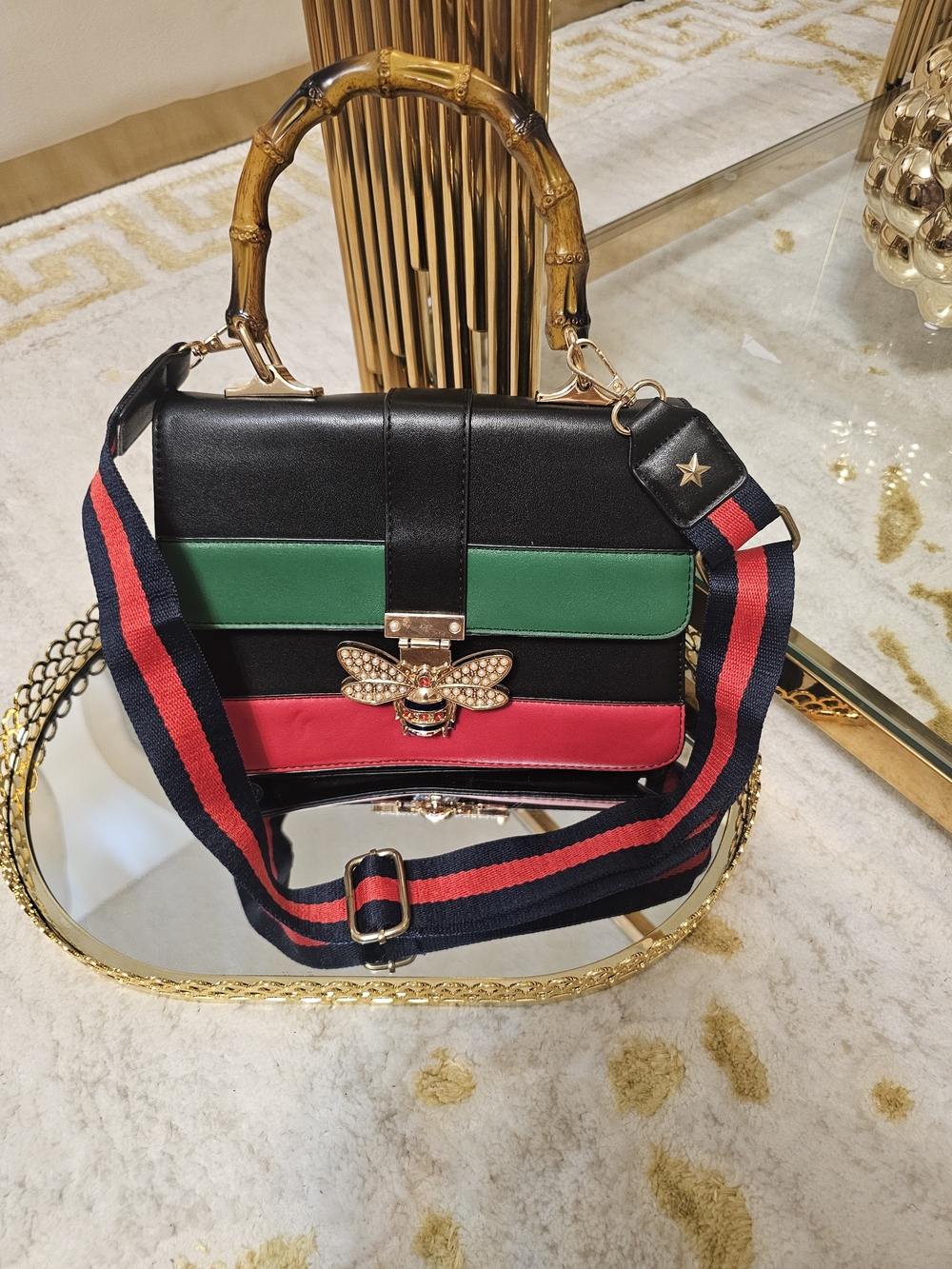 Designer-Inspired Black Leather Shoulder Bag with Green and Red Stripes